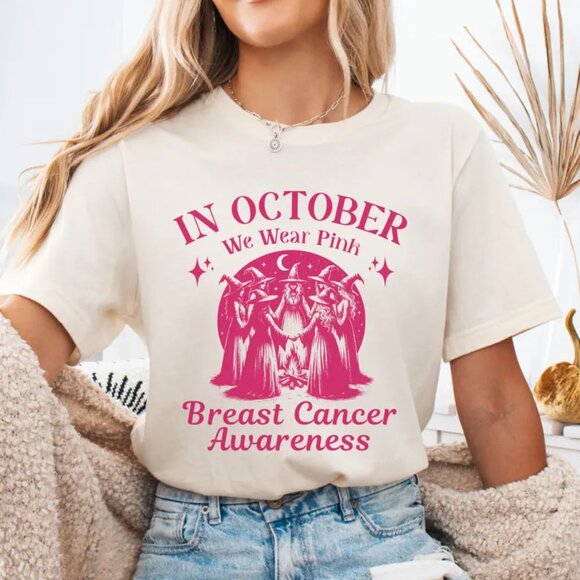 Tops - In October We Wear Pink Shirt, Halloween Witch Breast Cancer Awareness Tee